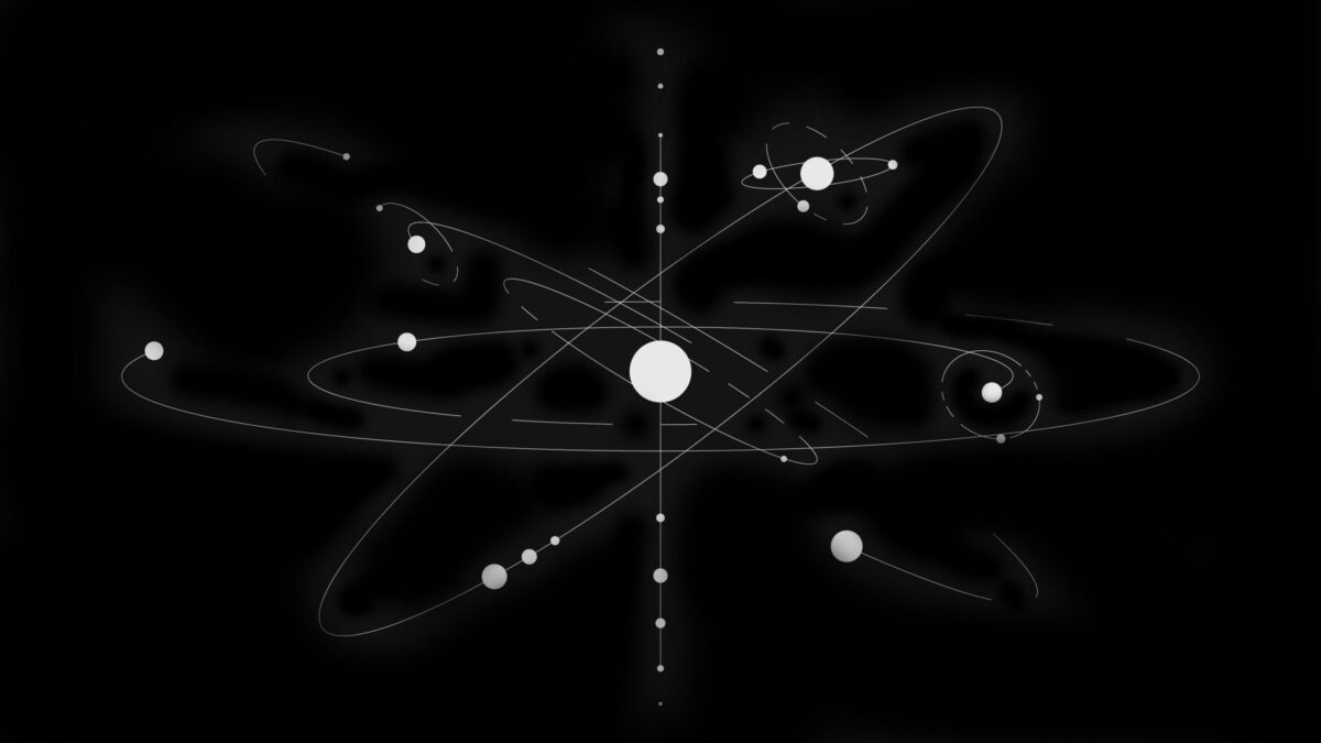 太陽系のイメージを図式化した白黒画像。