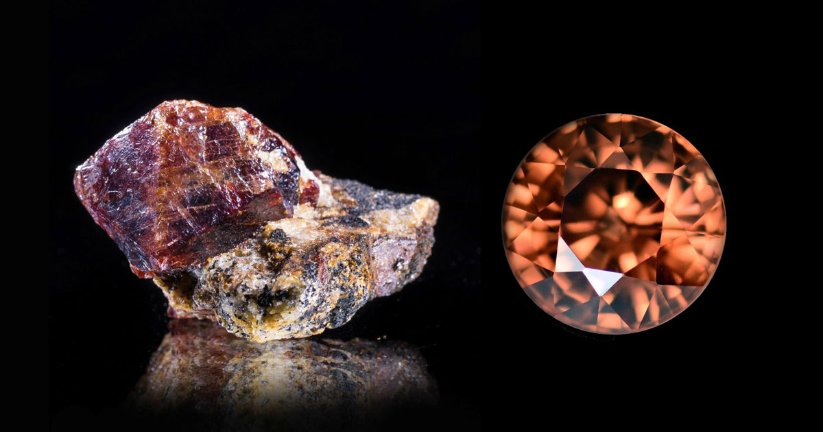 ジルコンの原石と研磨された宝石、ふたつの対照画像。