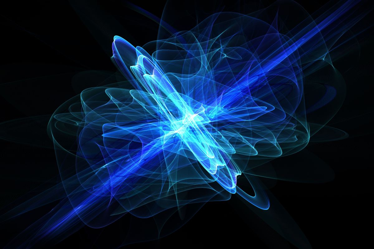 恒星が爆発し散らばるイメージをらせん状に青い光が炸裂する構図の画像。