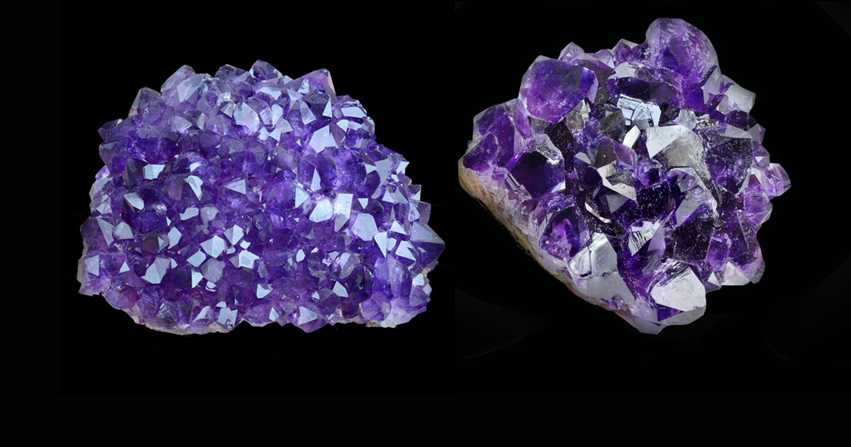 右、ウルグアイ産のアメジストの結晶。
左、オーストラリア産のアメシストの結晶。